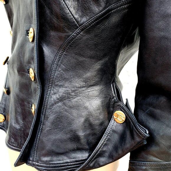 Vintage 80s Jitrois Black Lambskin Leather Military Jacket S Peplum - Picture 8 of 16